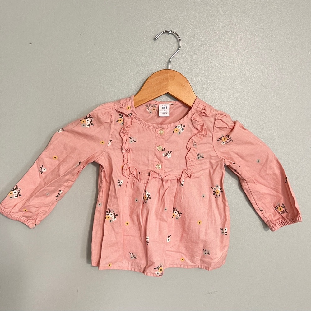 Baby Gap 3T Floral Pink Kids long sleeve top button back ruffle detail EUC